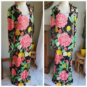 Vintage long sleeve floral dress black pink yellow peony 60s 70s 16